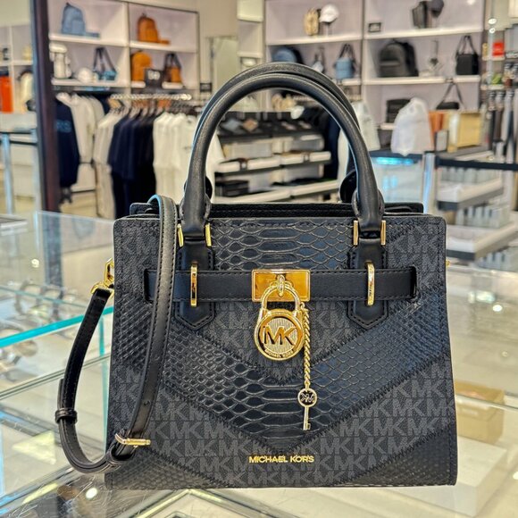 Michael Kors Hamilton Small Satchel Shoulder Bag MK Black Multi Embossed Exotic - Picture 2 of 10